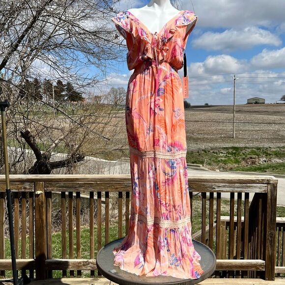 Hale Bob Orange Gianna Lace Insert Maxi Dress New Size Small - Picture 3 of 13